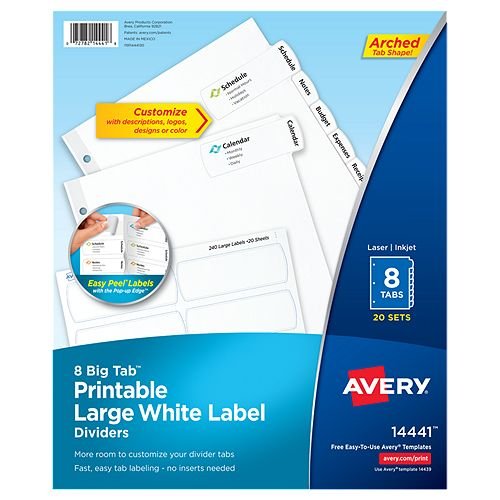 Avery Big Tab Easy Peel 8-Tab Printable Large White Label Dividers 20 sets (AVE-14441), Avery brand Image 1