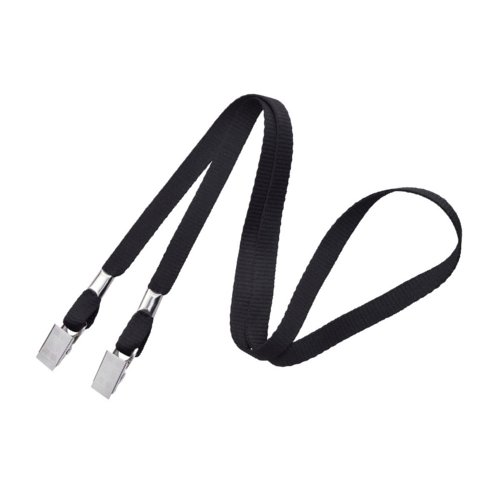 Black 3/8" Flat Open-Ended Mask-Holding Lanyards with Two Bulldog Clips - 100pk (2140-5301) Image 1