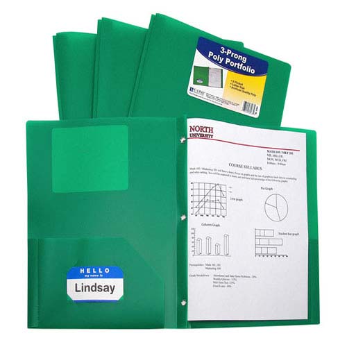 C-Line Two-Pocket Heavyweight Poly Green Folder with Prongs 25pk (CLI-33963) Image 1