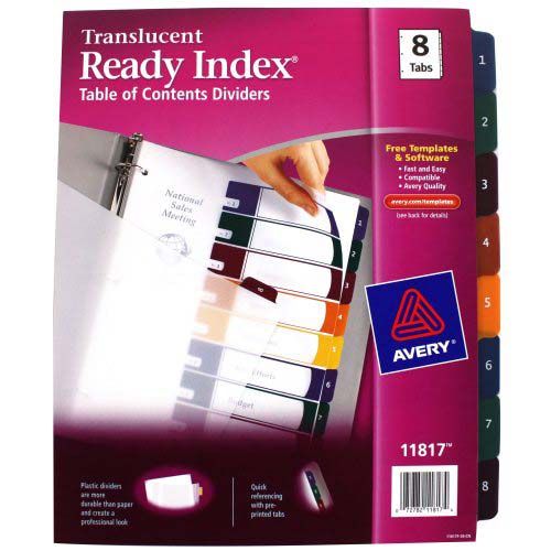 8 Tabs 11817 Avery Ready Index Translucent Table of Content Dividers for Laser and Inkjet Printers 1 Set, Multi-Colour