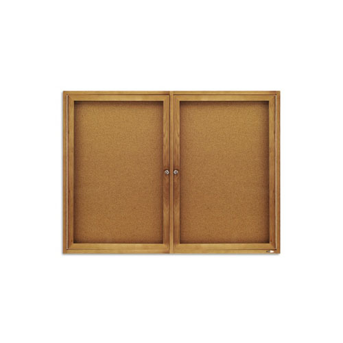 Quartet Cork 4' x 3' Oak Frame 2 Door Enclosed Bulletin Board (QRT-364) Image 1