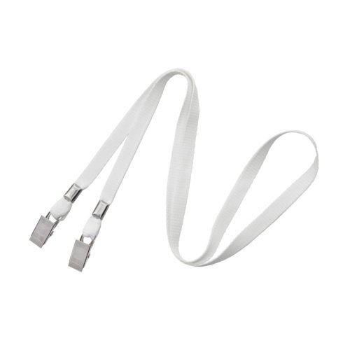White 3/8" Flat Open Ended Mask Holding Lanyard with Two Bulldog Clips - 100pk (2140-5308) Image 1